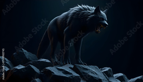 Howling wolf stands triumphantly on rocks dark environment digital artwork dramatic lighting fantasy concept