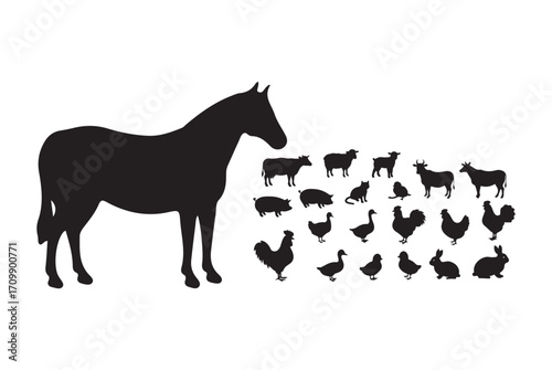 Collection of farm animal silhouettes including horse chickens cows sheep pigs and rabbits silhouette