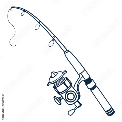 An isolated fishing rod and reel vector, a black sport equipment for fishing on a white background