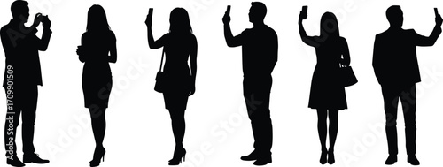 Silhouettes of diverse people using smartphones, capturing selfies and photos, modern digital lifestyle, social media interaction, communication technology concept.