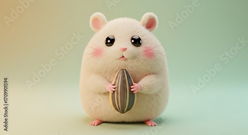 An adorable and fluffy cartoon hamster character with big charming eyes holding a large sunflower seed