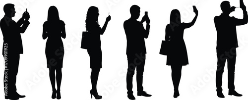 Silhouettes of diverse people using smartphones, taking photos and selfies, standing in different poses, digital technology lifestyle concept.