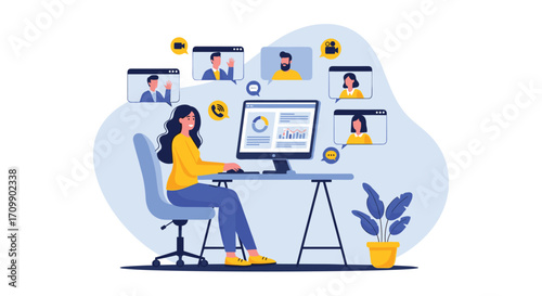 Woman working remotely with global video call participants connecting online business meeting