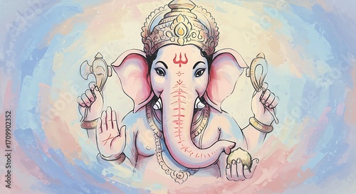 Illustrative painting of Lord Ganesha, the Hindu deity, with a compassionate expression and traditional adornments