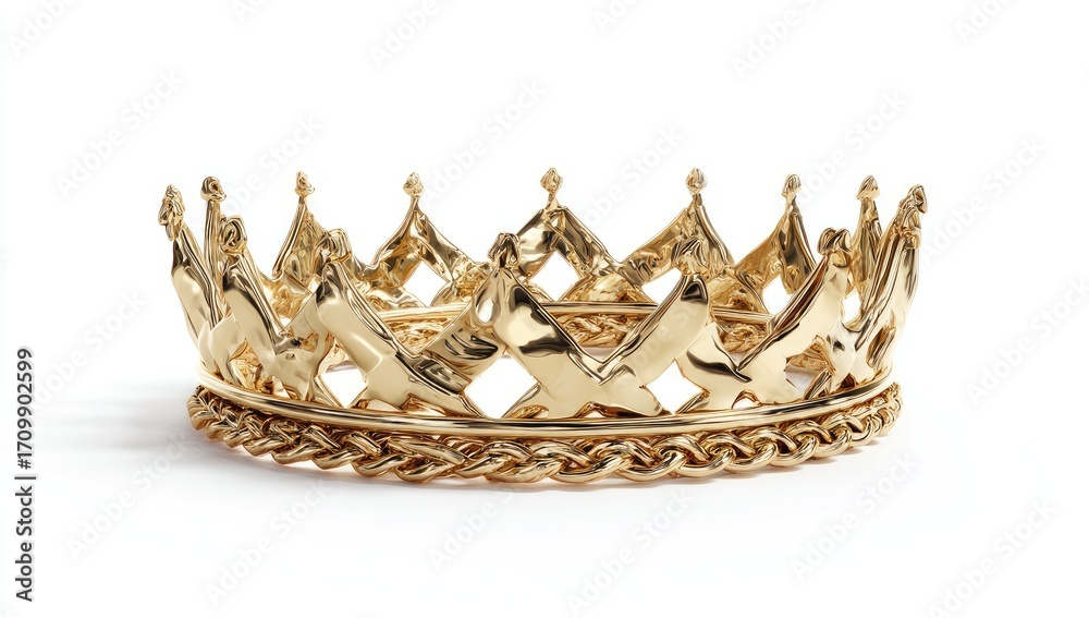 Fototapeta premium Gold crown, ornate and detailed, set against a plain white background