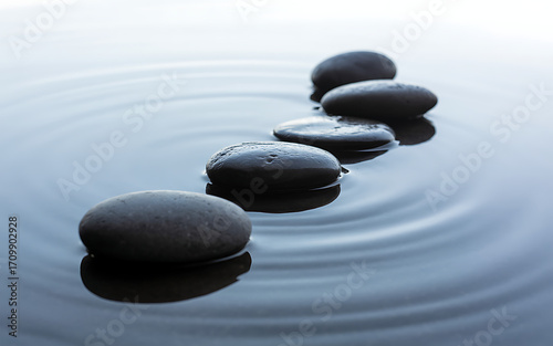 Zen stones floating on rippling water creating a path for serenity and balance illustration