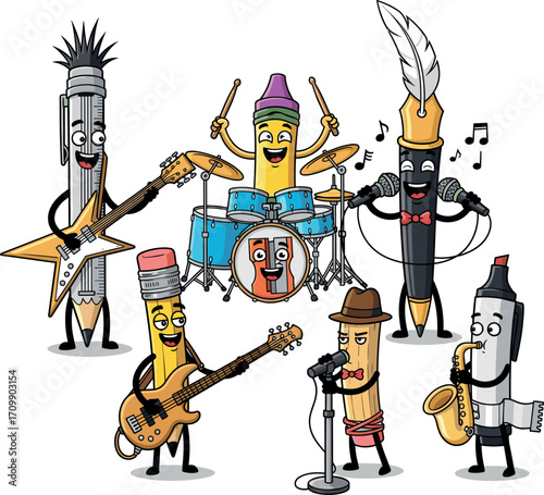 Cartoon band of art supplies playing musical instruments and singing