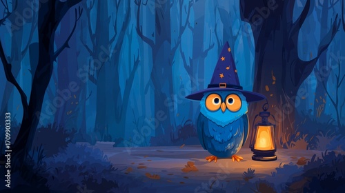 Funny cartoon owl wearing a wizard hat sitting on a glowing lantern in a spooky forest, Halloween illustration