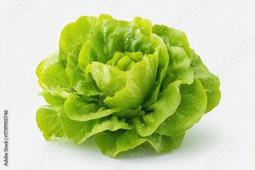 Close-up of a vibrant green leaf lettuce head, showcasing crisp, ruffled leaves.  Water droplets cling to the surface.  Fresh and healthy