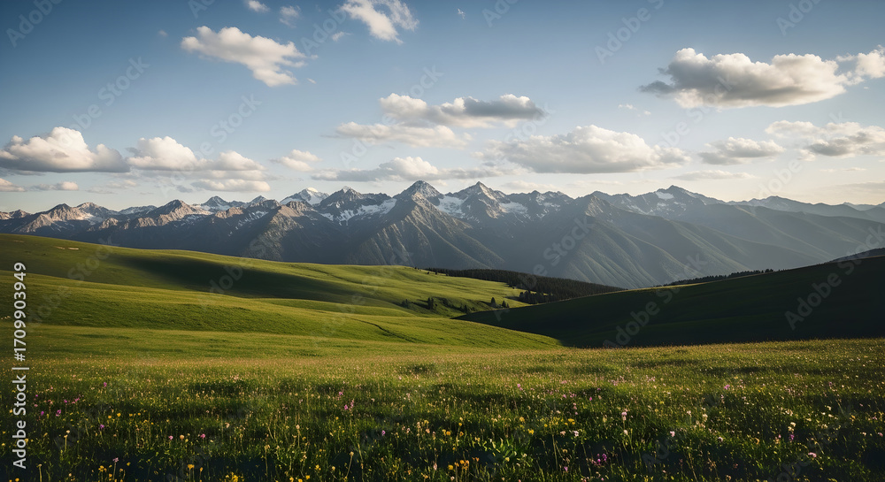 Naklejka premium Vast green mountain landscape with dramatic sky and distant snow capped peaks