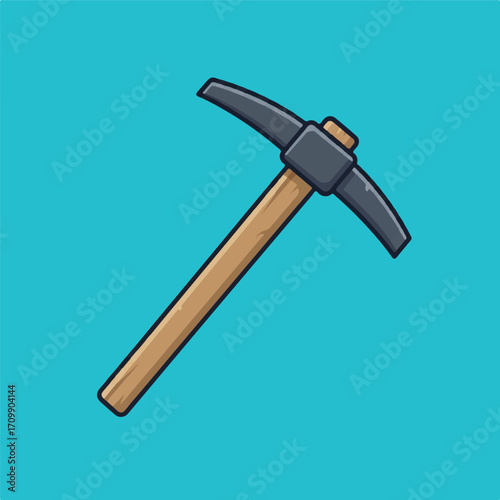 A cartoon illustration of a pickaxe with a wooden handle and a dark gray metal head, set against a solid turquoise background.