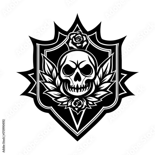 medieval gothic emblem intricate skull and rose tattoo design