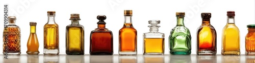 Row of various glass bottles, likely containing liquors or spirits, arranged in a horizontal line against a white background