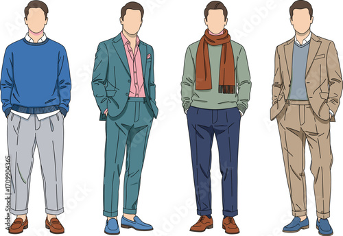 Stylish Men’s Fashion Outfits with Modern and Casual Clothing – Male Wardrobe, Street Style, Smart Casual, Winter Look, Vector Illustration
