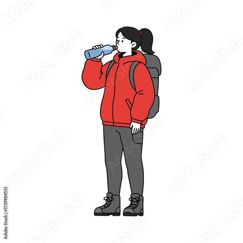 Vector art of young woman hiker with backpack drinking water from a bottle