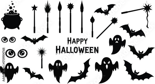 Silhouette illustration of halloween elements with cauldron, magic wand, eye, bat and ghost for halloween concept