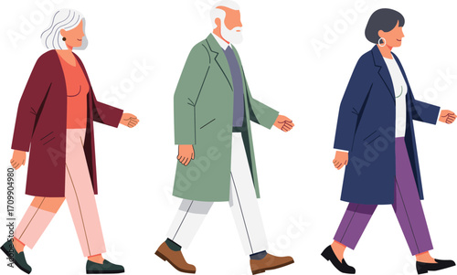 Three Diverse Senior Adults Walking Outdoors Together, Healthy Active Lifestyle, Retirement Friends, Elderly People Enjoying Exercise and Socializing
