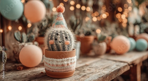 Cute cactus in party hat, surrounded by balloons and lights
