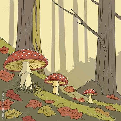 Mushroom illustrations of poisonous red fly agaric and other fungi in a green autumn forest