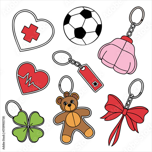 Keychains and keyrings set. heart, butterfly, cat, car, earth shaped key fobs isolated on white background. vector illustration for trinket, souvenir, opening door, property rent concept