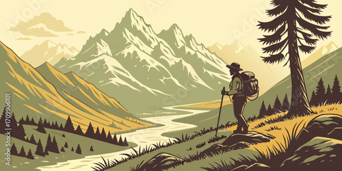 Scene of the man walking out from ruined planes at sunset with digital art style, illustration painting