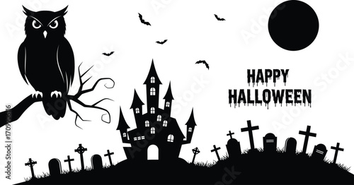 Happy halloween silhouette scene featuring a haunted house, owl, tombstones, bats, and a full moon