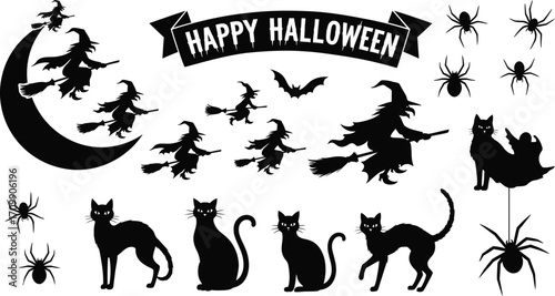 Happy halloween silhouette set featuring witches brooms, black cats, spiders, bats, and a festive banner