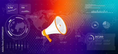 Digital marketing dashboard displaying global data megaphone icon illustration visualizing digital marketing global communication advertising campaigns