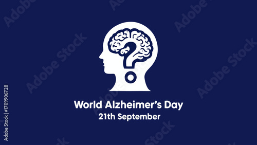 Minimalist vector illustration featuring a brain inside a head shaped like a question mark with bold white text “World Alzheimer’s Day 21th September” on a dark blue background