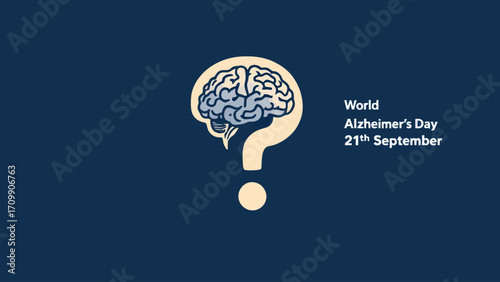 Minimalist vector illustration featuring a brain inside a head shaped like a question mark with bold white text “World Alzheimer’s Day 21th September” on a dark blue background
