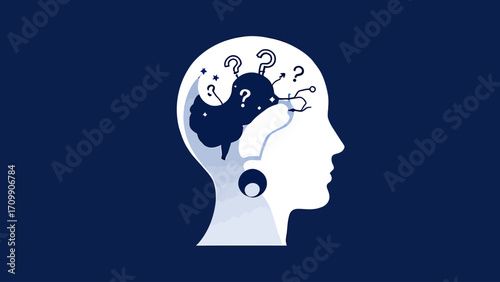Minimalist vector illustration featuring a brain inside a head shaped like a question mark with bold white text “World Alzheimer’s Day 21th September” on a dark blue background