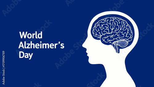 Minimalist vector illustration featuring a brain inside a head shaped like a question mark with bold white text “World Alzheimer’s Day 21th September” on a dark blue background