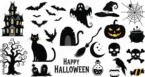 Halloween silhouettes featuring spooky haunted house, bats, ghost, witch hat, spider web, pumpkin and more