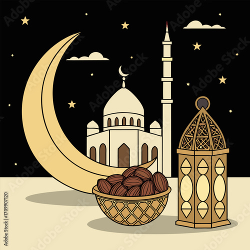 Ramadan kareem golden greeting banner illustration design template with golden 3d element