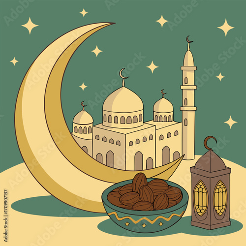 Ramadan kareem golden greeting banner illustration design template with golden 3d element