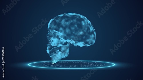 3d skull scanning in HUD scan effect motion animation on dark blue screen for detecting problem solution