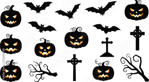 Halloween silhouettes featuring spooky pumpkins, bats, cross and tree branch for decoration and celebration