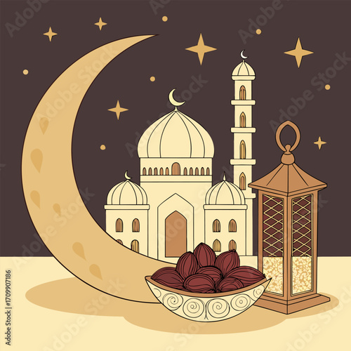 Ramadan kareem golden greeting banner illustration design template with golden 3d element