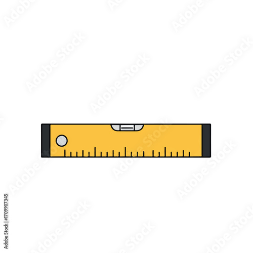 A yellow spirit level tool with a bubble indicator and measurement markings, used for construction.