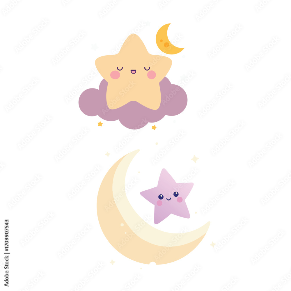 Fototapeta premium Cute Cartoon Stars and Moon Illustrations for Childrens Designs and Nursery Decor Ideas