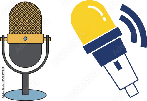 Dual Microphone Illustrations: Classic Studio and Modern Wireless for Audio