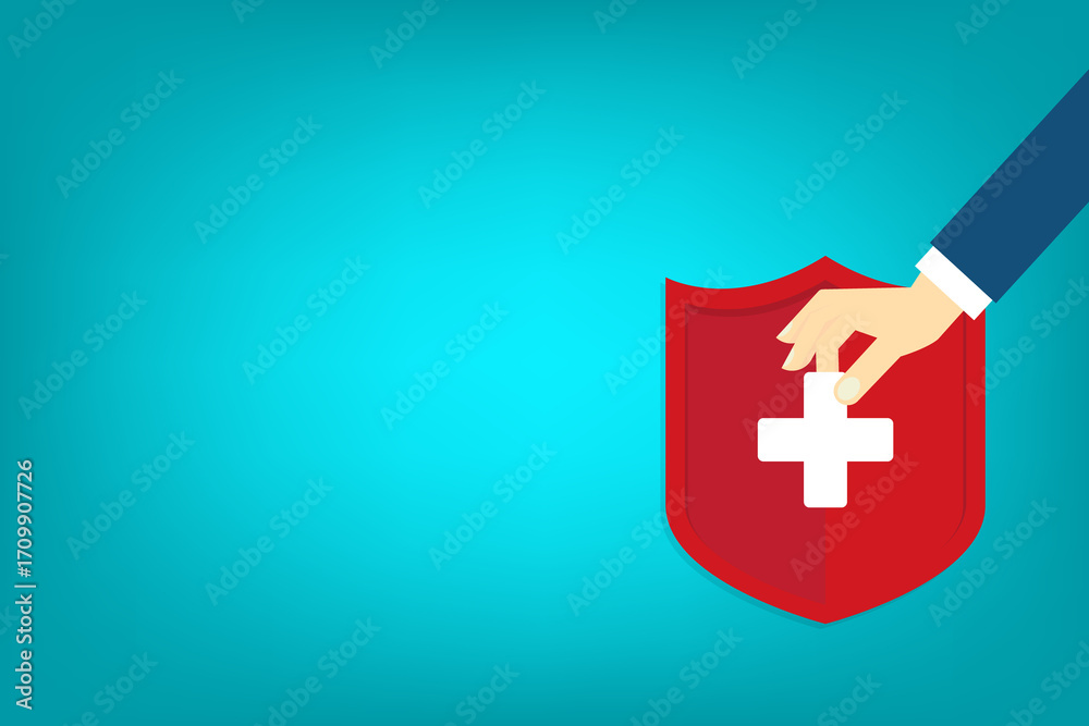 Fototapeta premium Medical healthcare insurance. Red shield on patient protection policy and pen. Medicine symbol. 