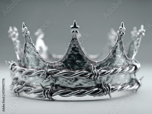 A regal crown, textured silver, encircled by barbed wire