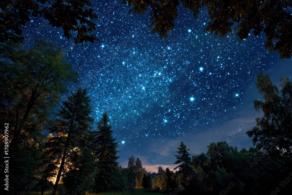 Fototapeta premium Immersive view of a night sky filled with stars above a serene forest landscape showcasing the beauty of nature and cosmos at dusk
