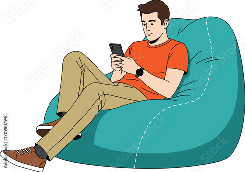 Young man relaxing on blue bean bag chair using smartphone, casual orange t-shirt, modern tech lifestyle, comfortable indoor leisure moment.