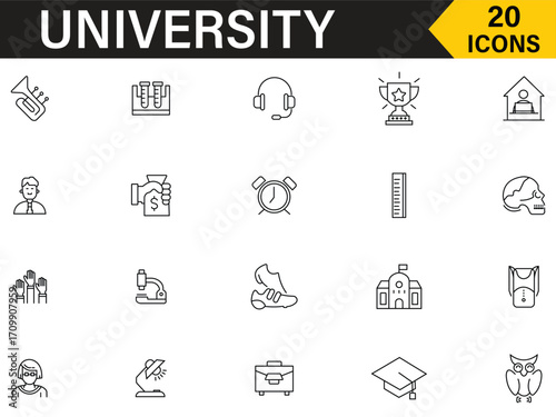 University icons set. Set of 20 icons related to higher education, classroom, students, teacher, diploma, academic, cap, graduation, bachelor, scholarship, graduate and more outline symbol.