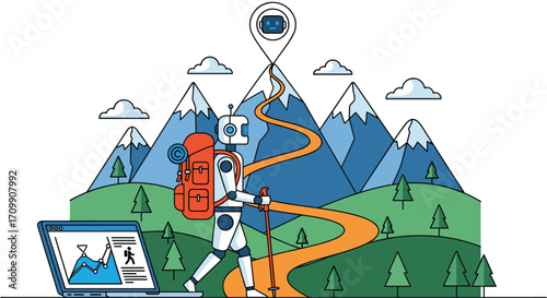 Adventure journey mountain travel planning laptop map pin destination outdoors exploration