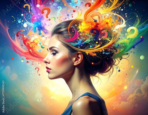 Woman with colorful question marks bursting from her head.