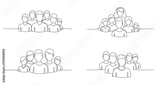 Simple line art illustration of groups of people minimalist design aesthetic