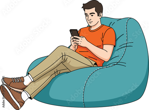 Young man sitting comfortably on blue bean bag chair using smartphone, casual attire, relaxed indoor environment, modern leisure and technology use.
